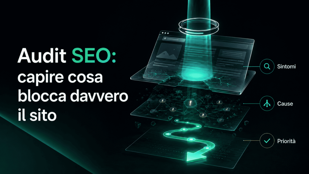 Audit SEO rappresentato come processo di analisi tra sintomi, cause e priorità del sito.